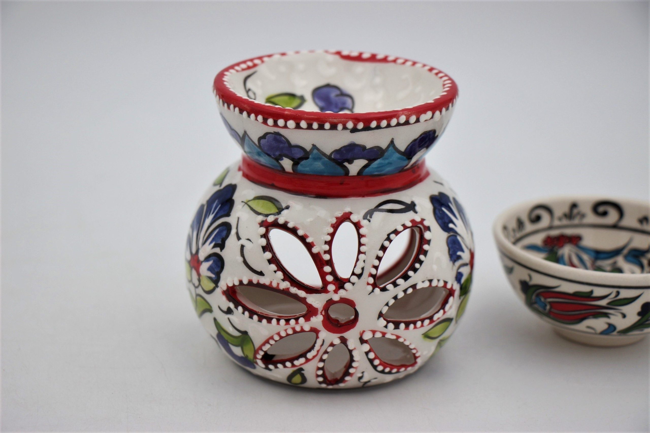 Turkish Ceramic Hand Painted Large Tall Oil Burner with bowl Tulip 1b