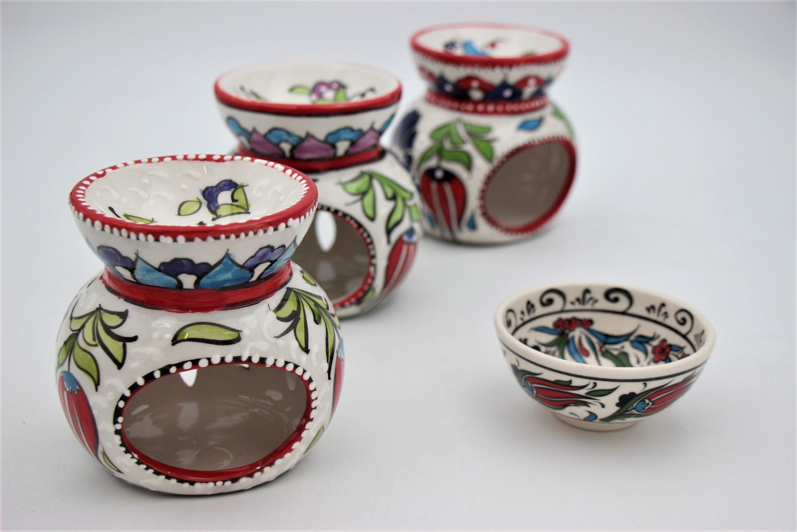 Turkish Ceramic Hand Painted Large Tall Oil Burner with bowl Tulip all