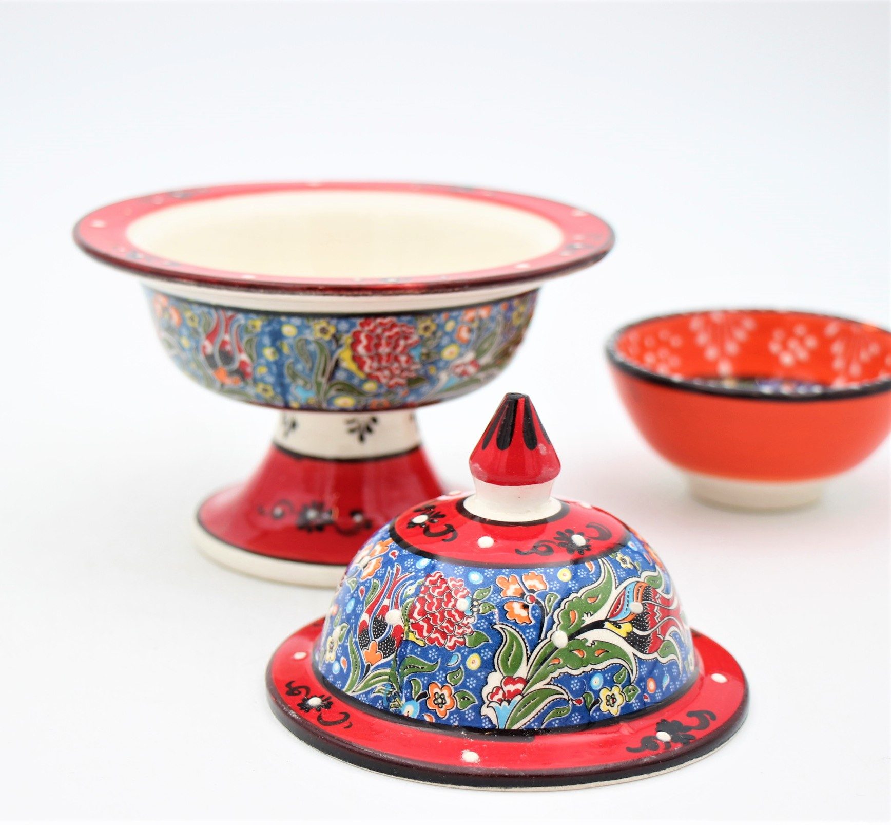 Turkish Ceramic Hand Painted Small Candy Bowl Relief With Pedestal 1