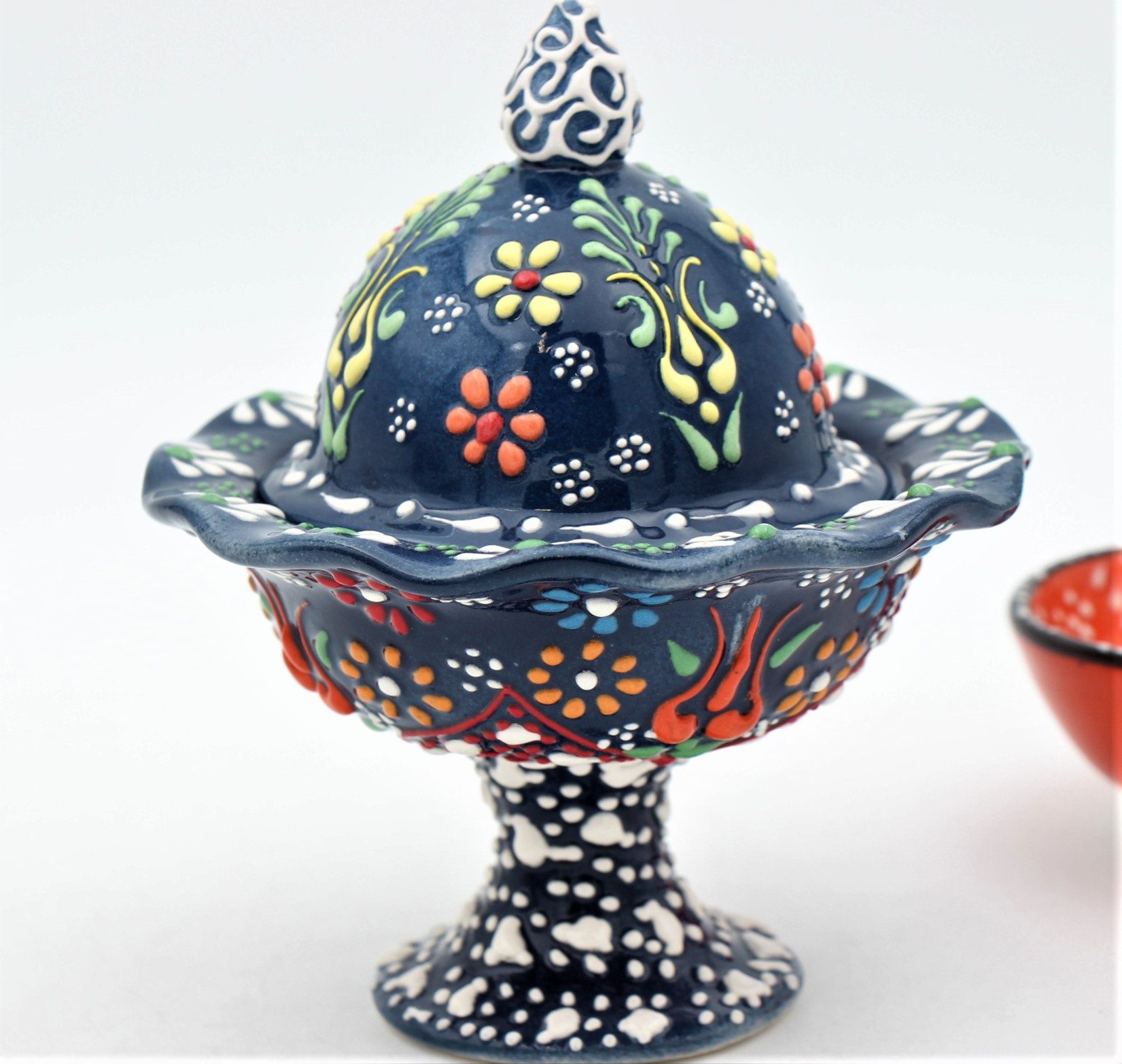 Turkish Ceramic Hand Painted Small Candy Bowl Relief With Pedestal 5