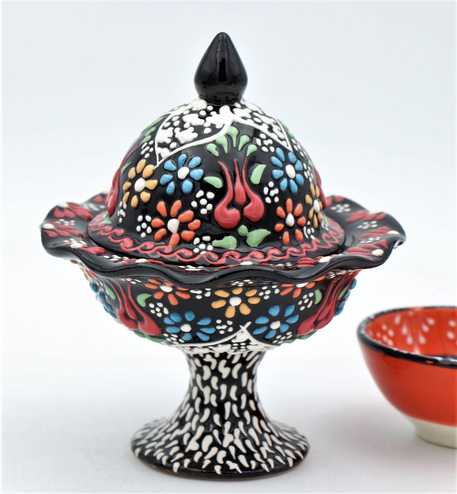 Turkish Ceramic Hand Painted Small Candy Bowl Relief With Pedestal 6