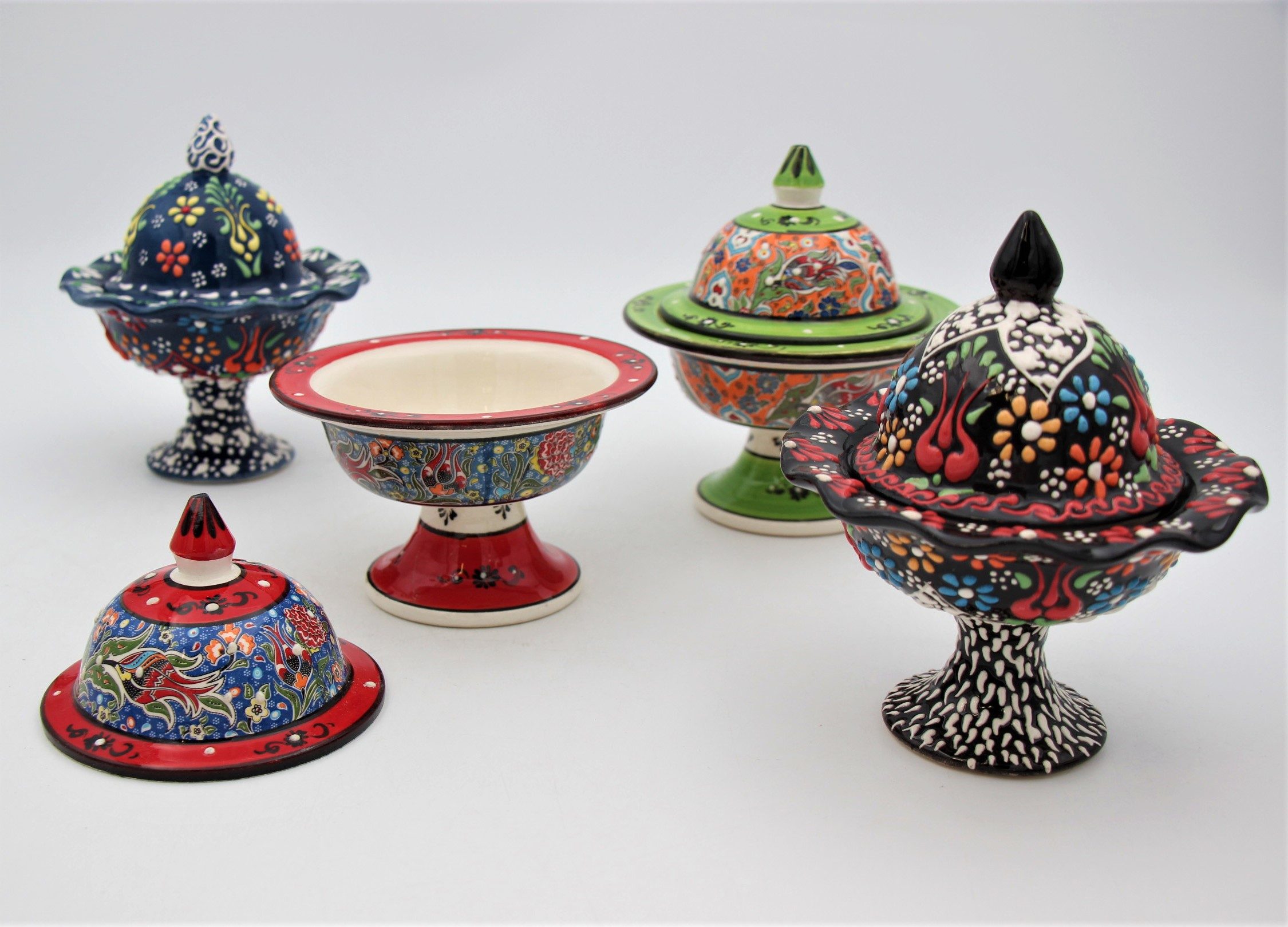 Turkish Ceramic Hand Painted Small Candy Bowl Relief With Pedestal all