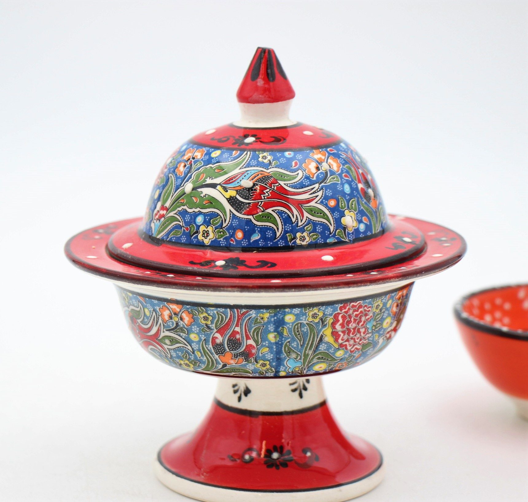 Turkish Ceramic Hand Painted Small Candy Bowl Relief With Pedestal