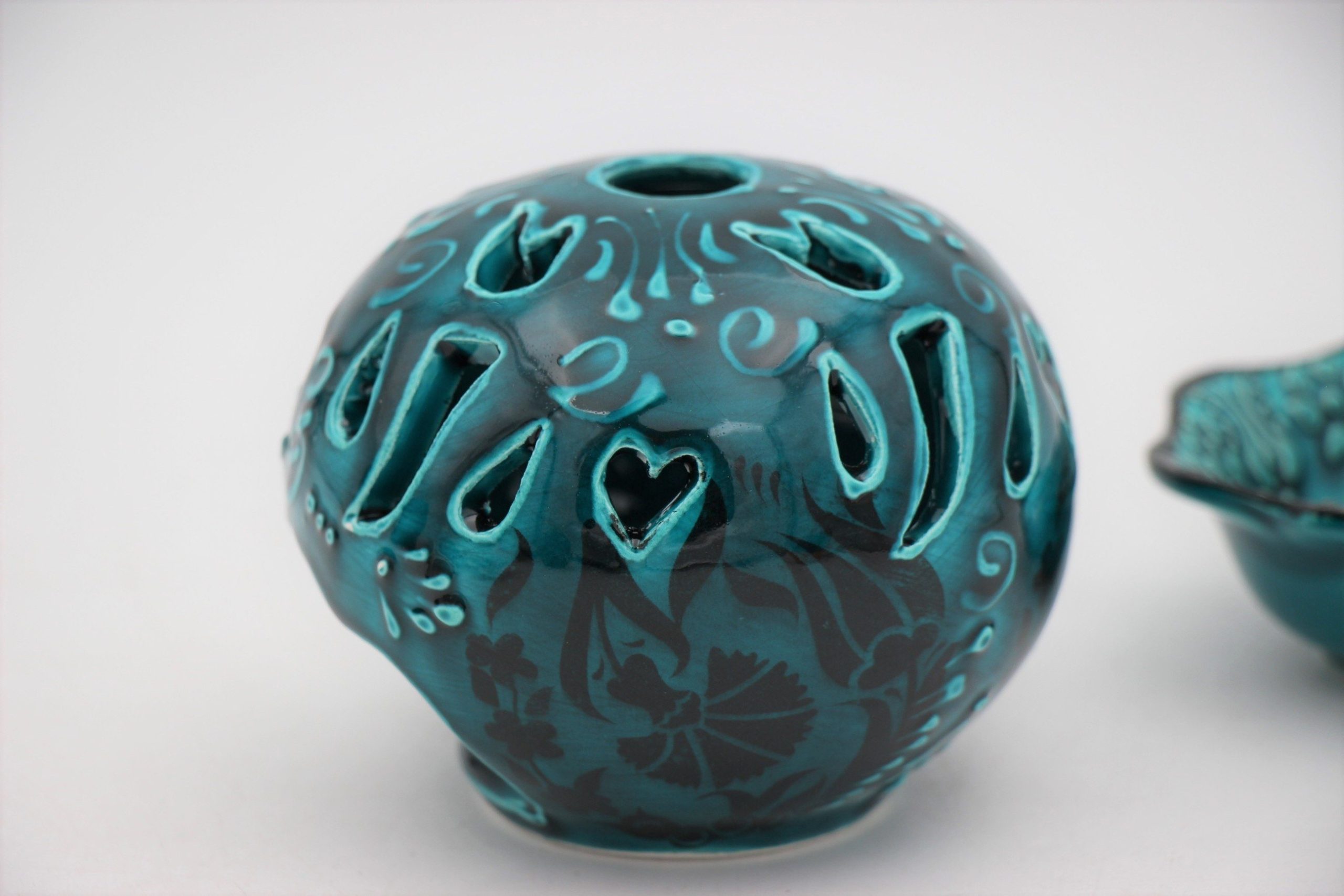 Turkish Ceramic Round Candle Holder Turquoise Medium 1A