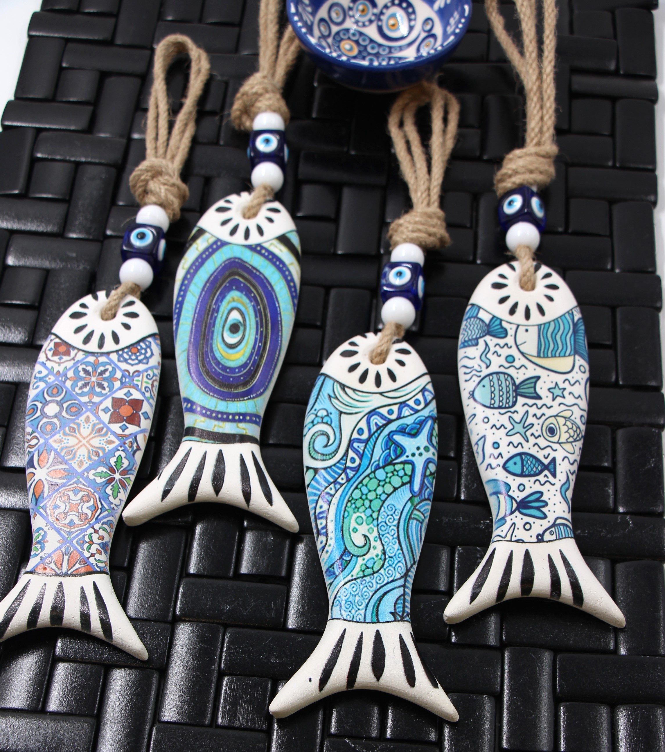 Turkish Evil Eye Fish Wall Hanging In Colourful Ceramic a