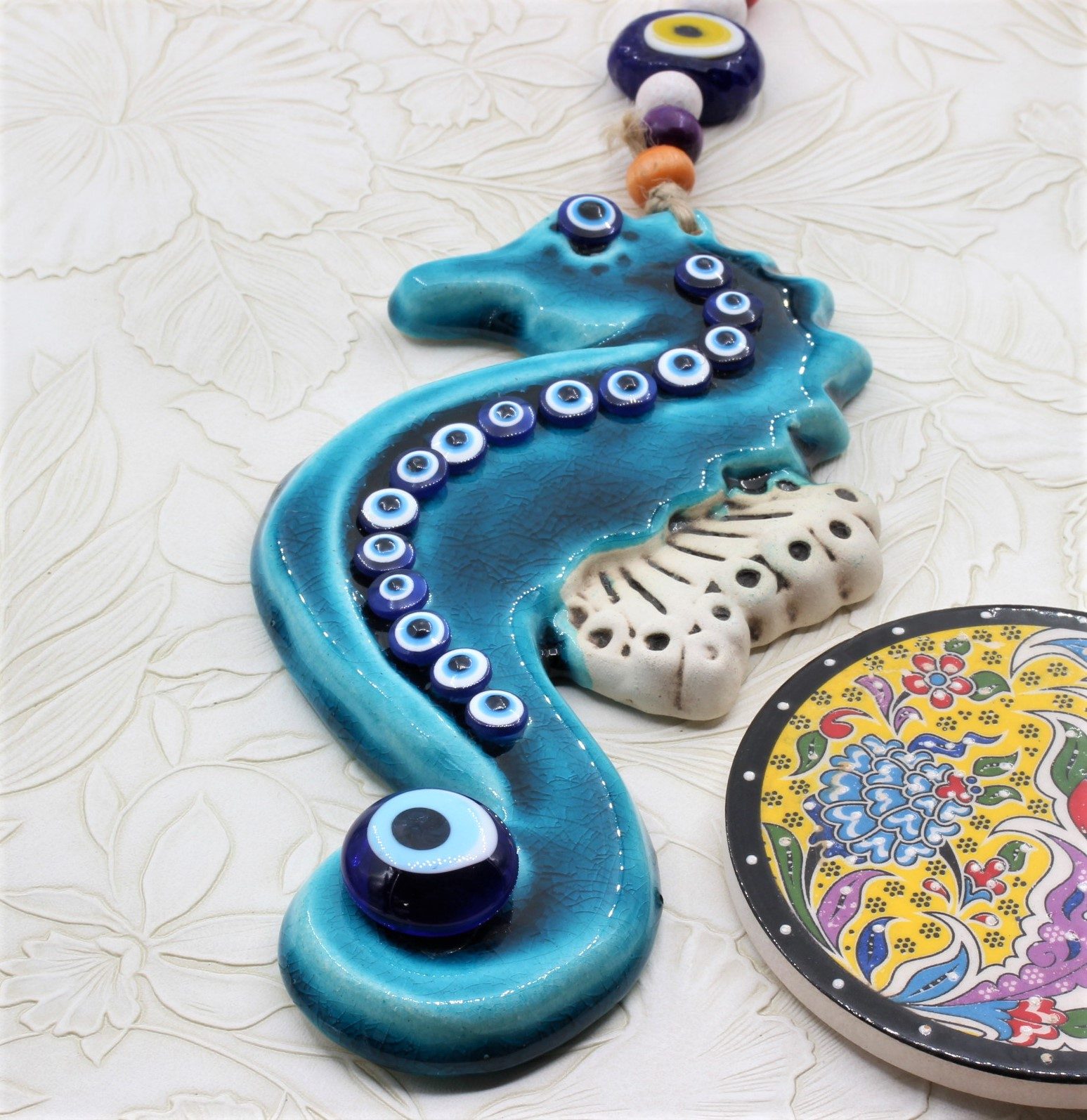 Turkish Hand Painted Ceramic Wall Hanging Seahorse M3 D