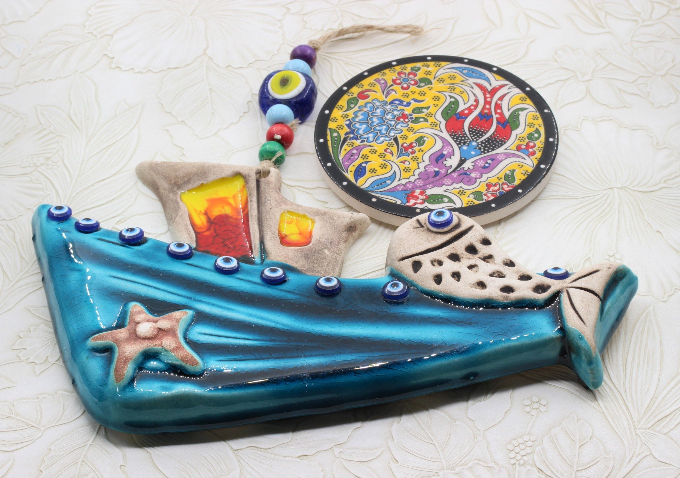Turkish Hand Painted Ceramic Wall Hanging Tug Boat M3 D