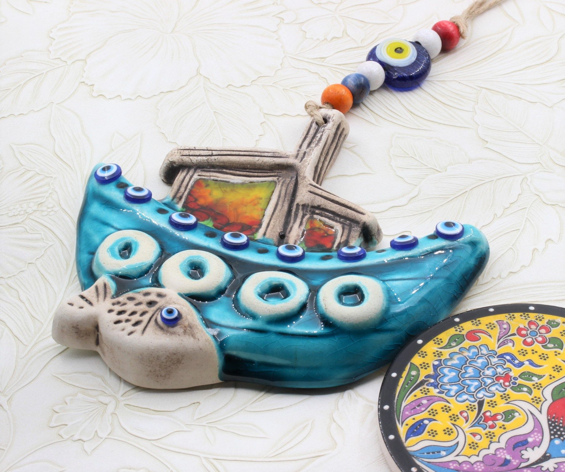 Turkish Hand Painted Ceramic Wall Hanging small Boat M2 E