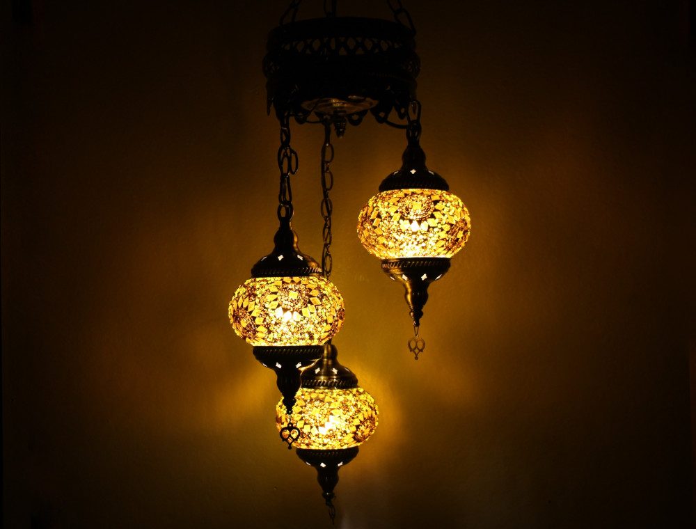 Turkish Mosaic Hanging Lamp 3 globe Yellow Gold 2