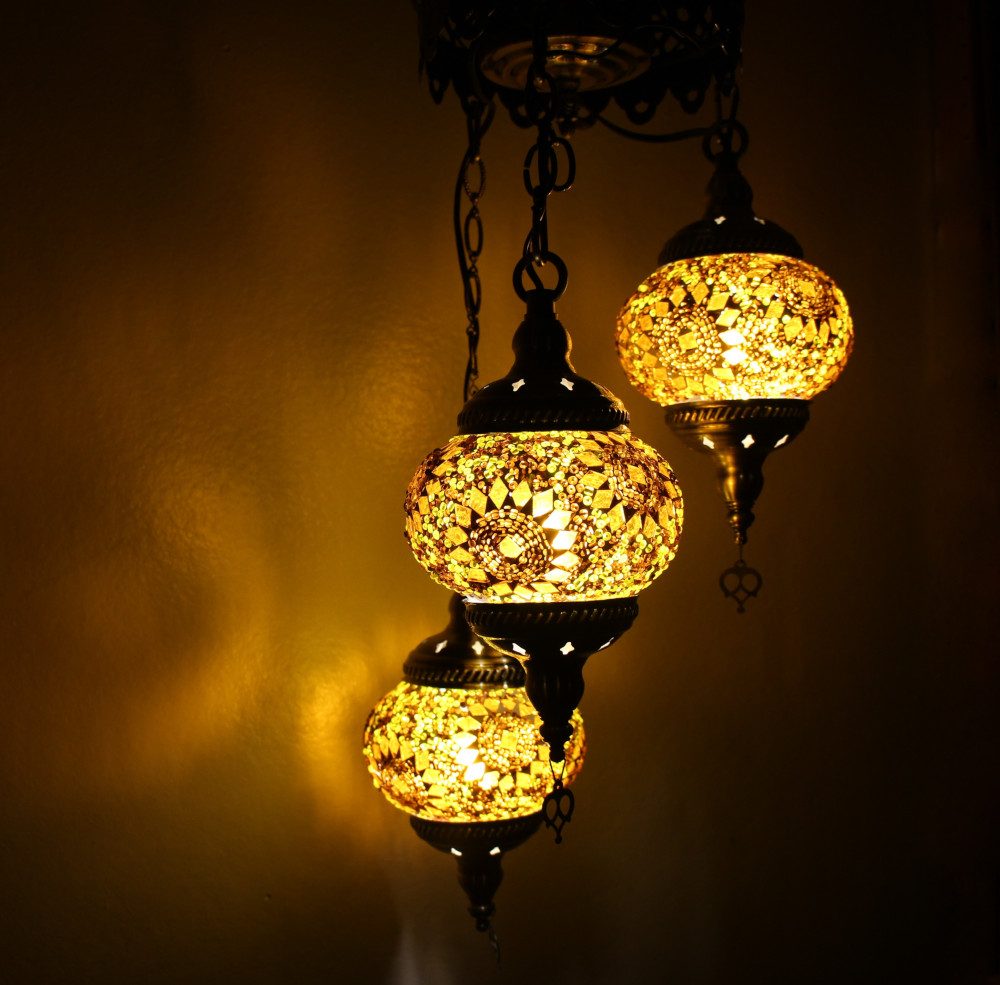 Turkish Mosaic Hanging Lamp 3 globe Yellow Gold 4