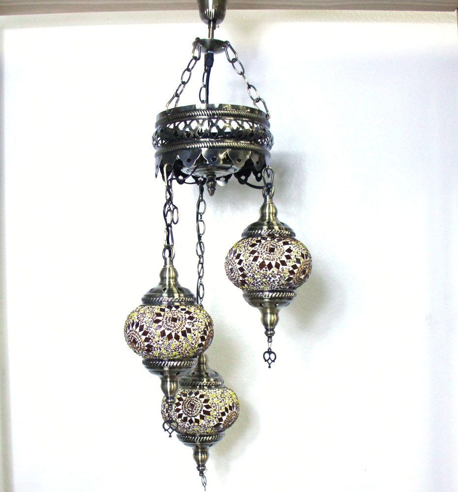 Turkish Mosaic Hanging Lamp 3 globe Yellow Gold 50