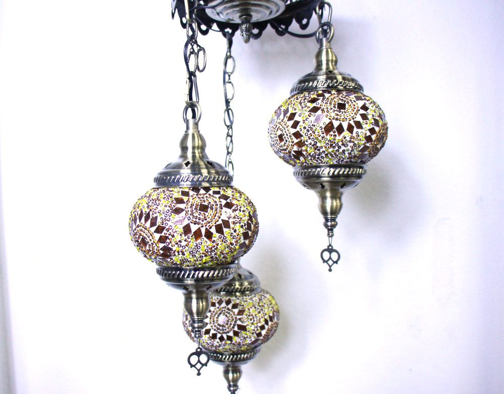 Turkish Mosaic Hanging Lamp 3 globe Yellow Gold 60