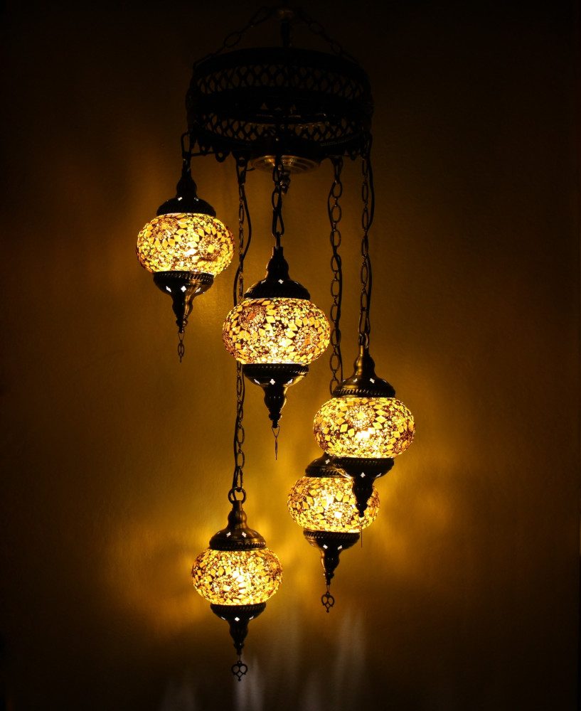 Turkish Mosaic Hanging Lamp 5 globe Yellow Gold 1