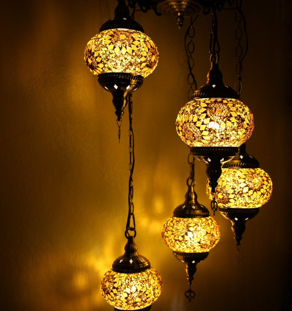 Turkish Mosaic Hanging Lamp 5 globe Yellow Gold 3