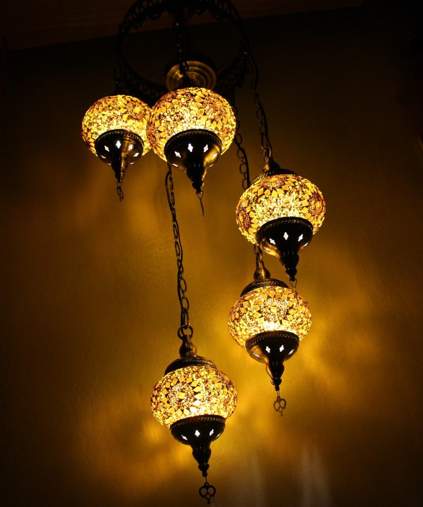 Turkish Mosaic Hanging Lamp 5 globe Yellow Gold 4