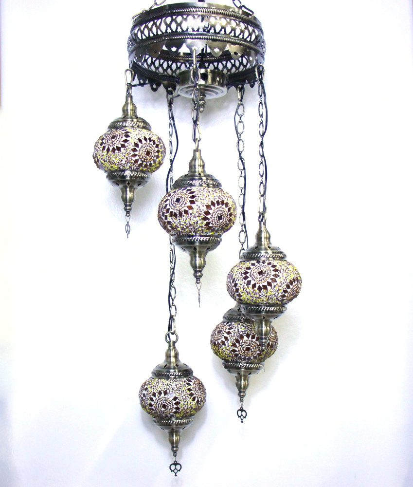 Turkish Mosaic Hanging Lamp 5 globe Yellow Gold 50