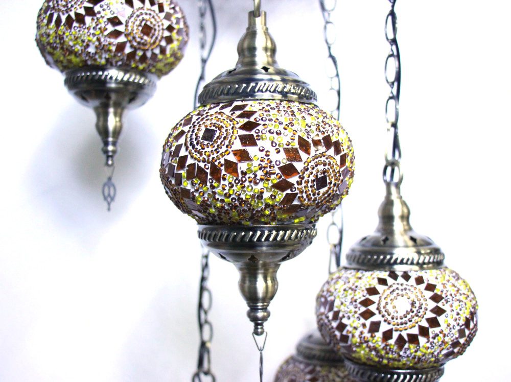 Turkish Mosaic Hanging Lamp 5 globe Yellow Gold 60