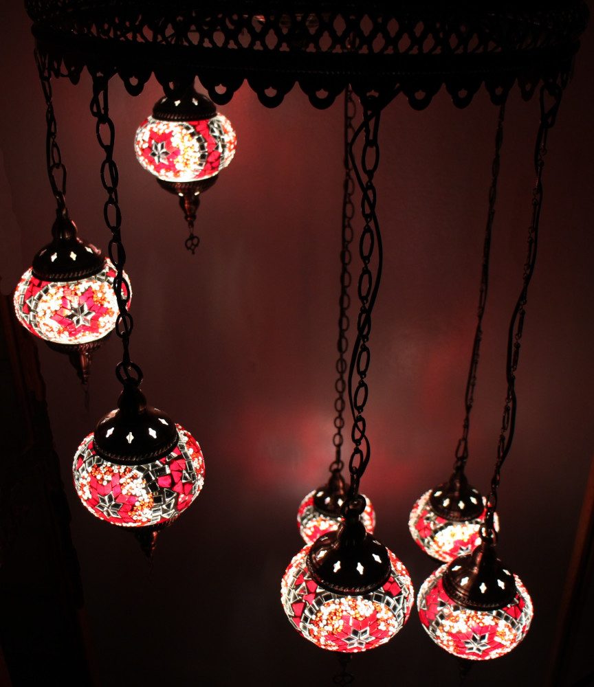 Turkish Mosaic Hanging Lamp 7 globe Red 5