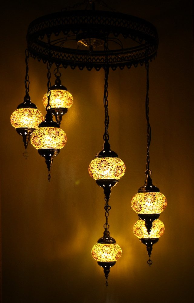 Turkish Mosaic Hanging Lamp 7 globe Yellow Gold 1