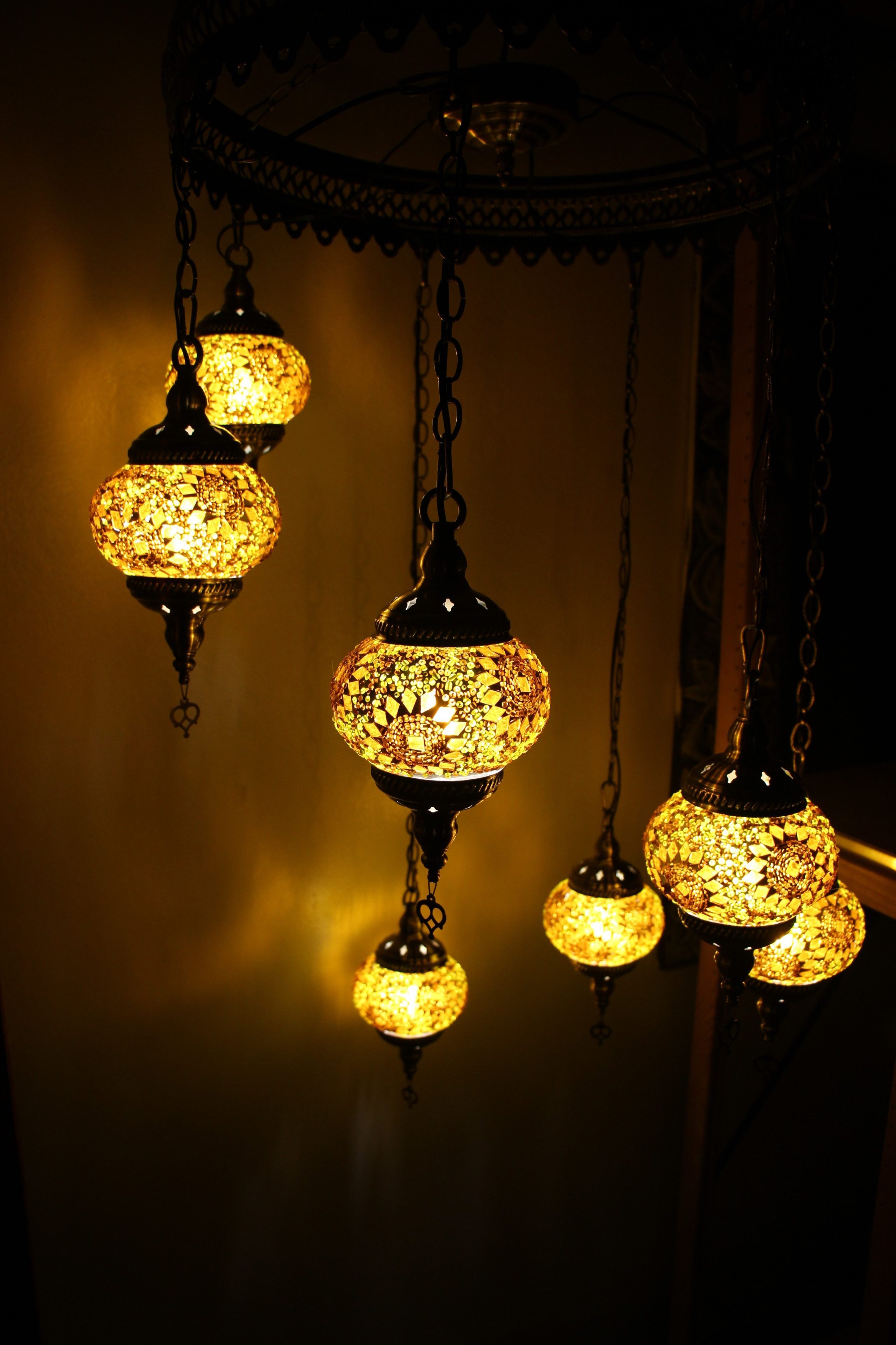 Turkish Mosaic Hanging Lamp 7 globe Yellow Gold 2