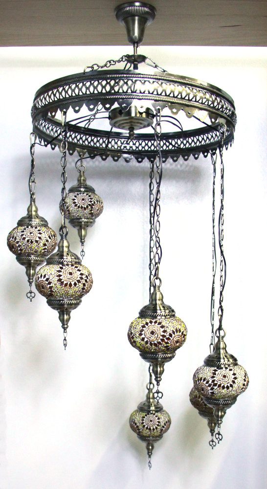 Turkish Mosaic Hanging Lamp 7 globe Yellow Gold 70