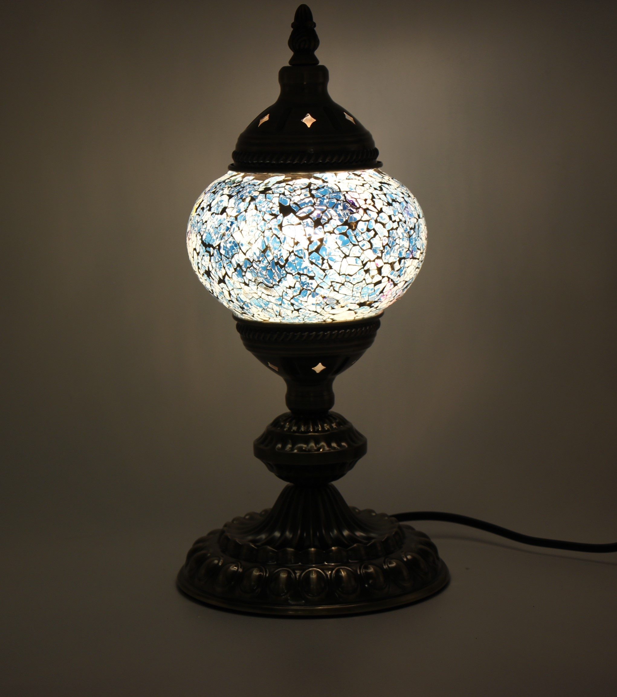 Turkish Mosaic Table Lamp Cracked Teal (White) With Large Elegant Base (1)